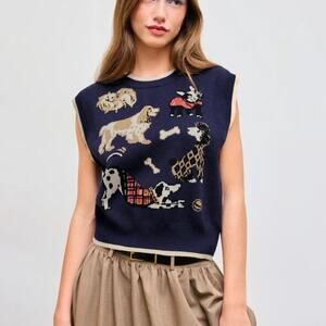 Cider Navy Blue Dog Graphic Knit Sweater Vest Womens XL Kitsch Boho Cottagecore